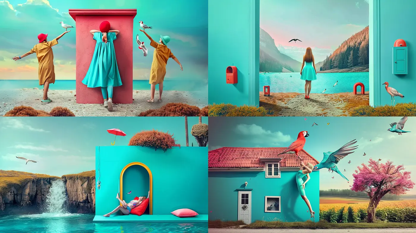 Consistent Elements in Surreal Turquoise Dreamscape - Midjourney sref style