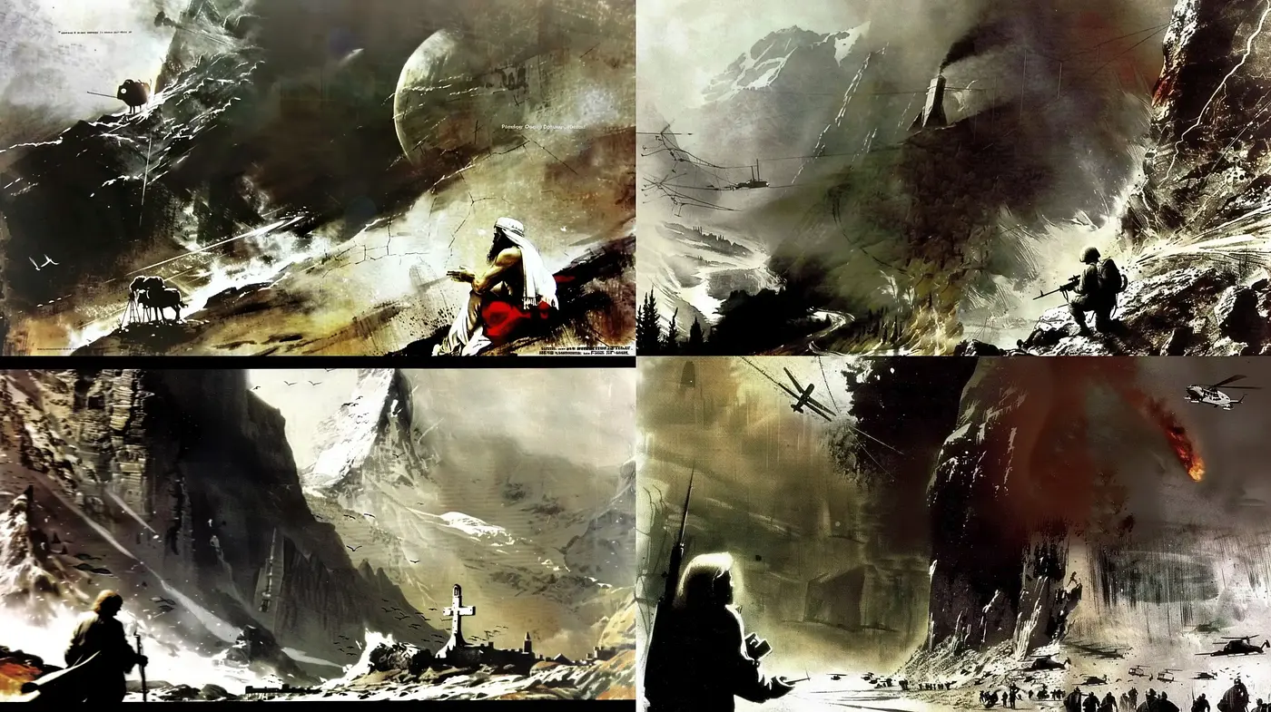 Brooding Brushwork Landscapes with Dramatic Flares - Midjourney sref style