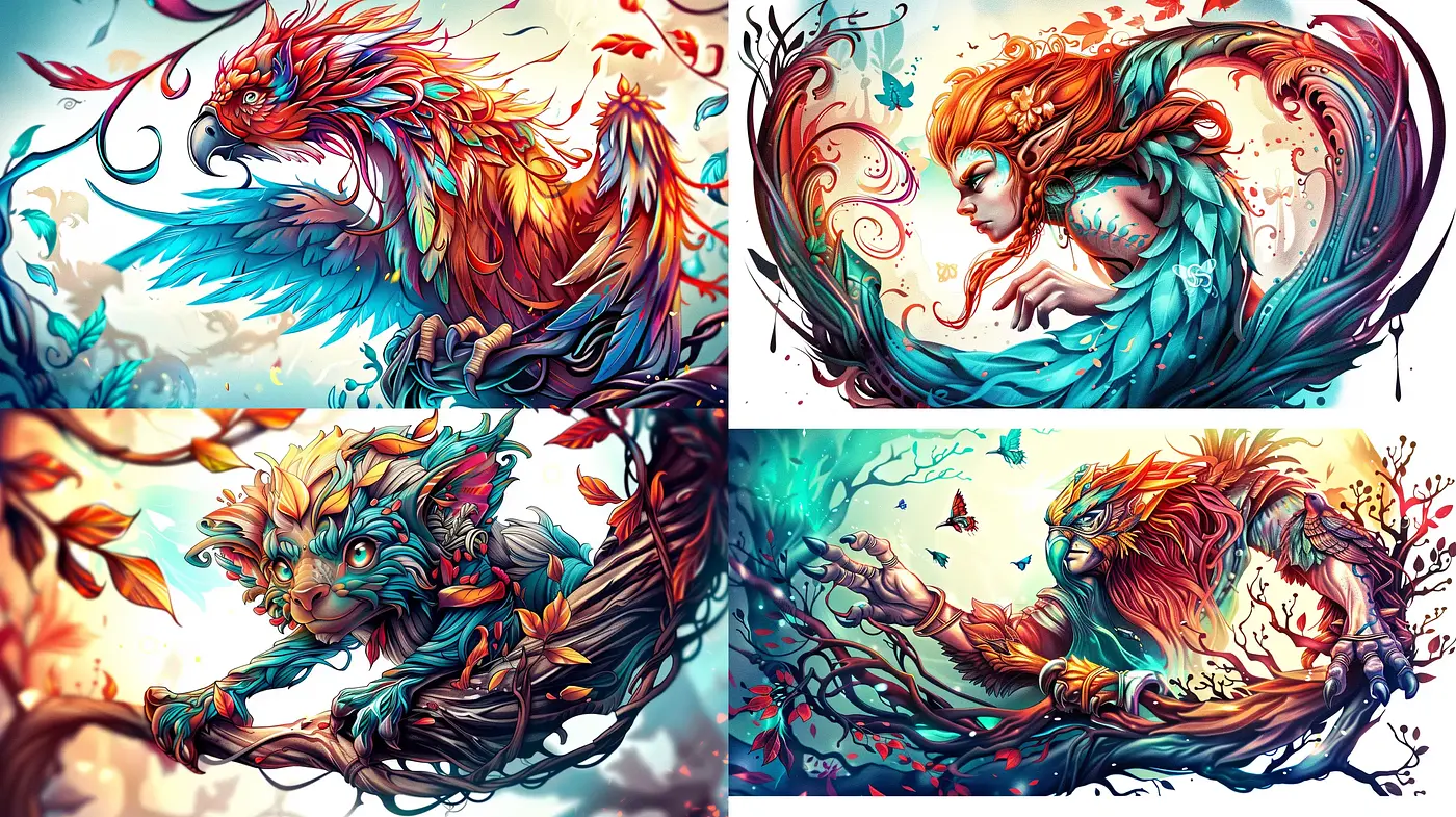 Vibrant Mythical Artistry with Surreal Expressive Creatures - Midjourney sref style