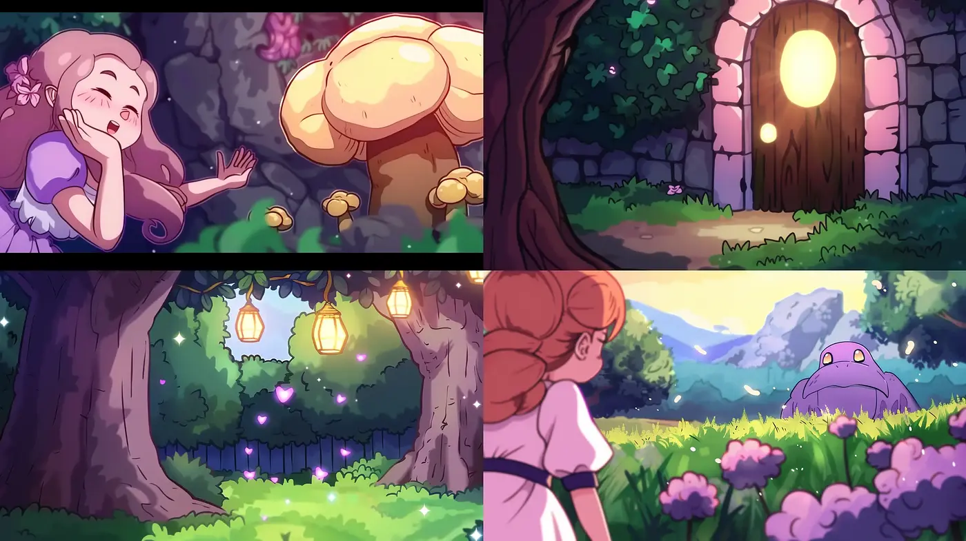 Enchanted Twilight: A Whimsical Anime-Inspired Storybook Panorama - Midjourney sref style