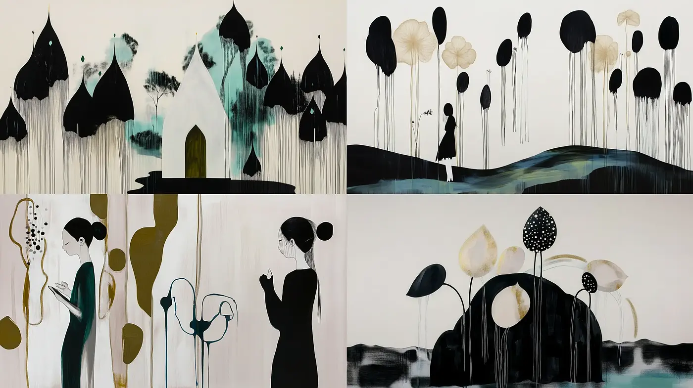 Ethereal Ink Drip Visions in Monochrome and Gold - Midjourney sref style