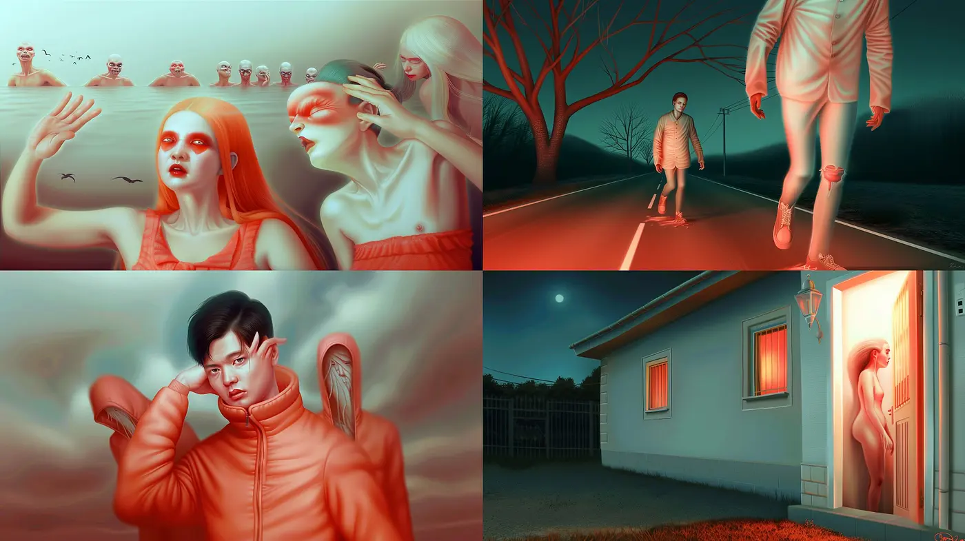 Ethereal Crimson Dusk: A Homogeneous Blend of Surrealism and Hyper-Realistic Textures - Midjourney sref style