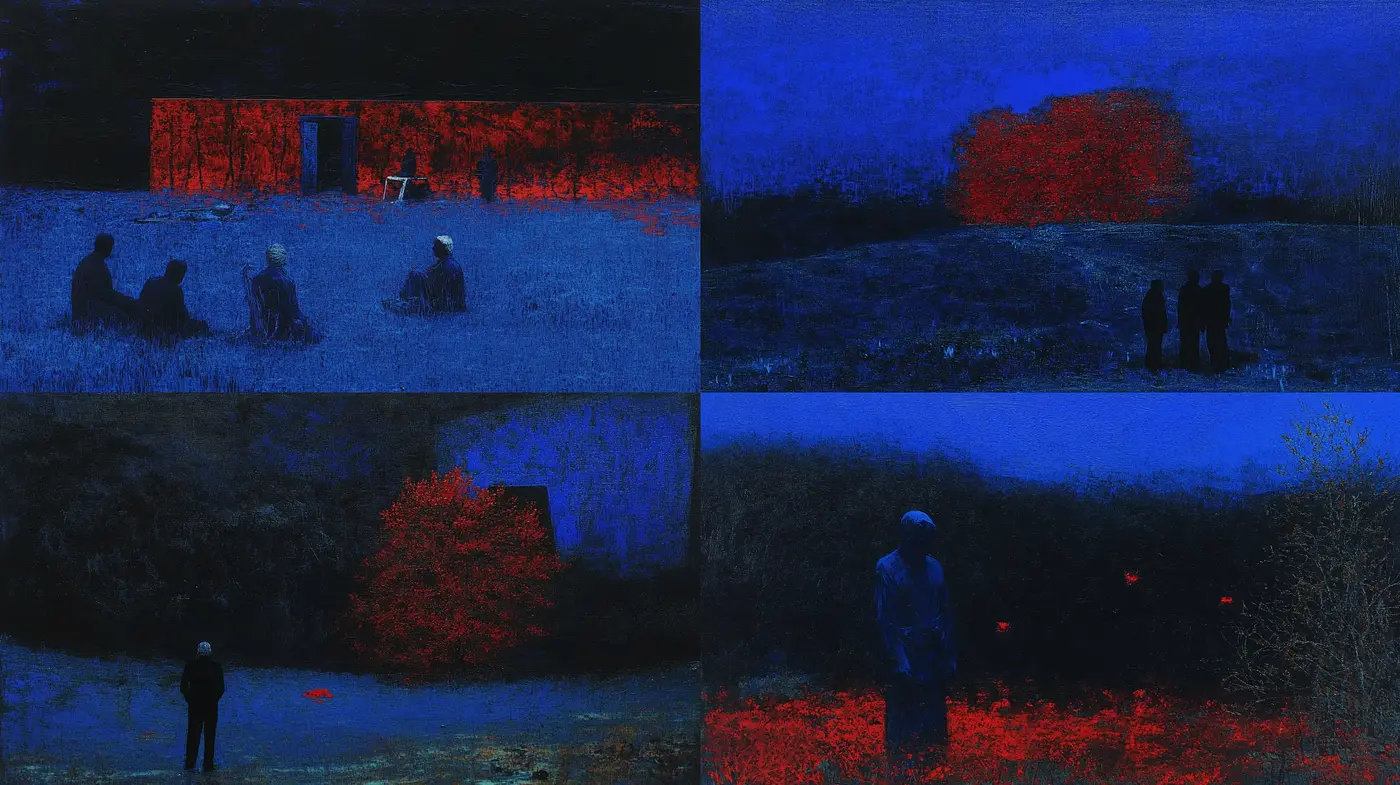 Nocturnal Hues and Textural Mystique: A Synthesis of Cool and Warm Contrasts in Abstract Expressionism - Midjourney sref style