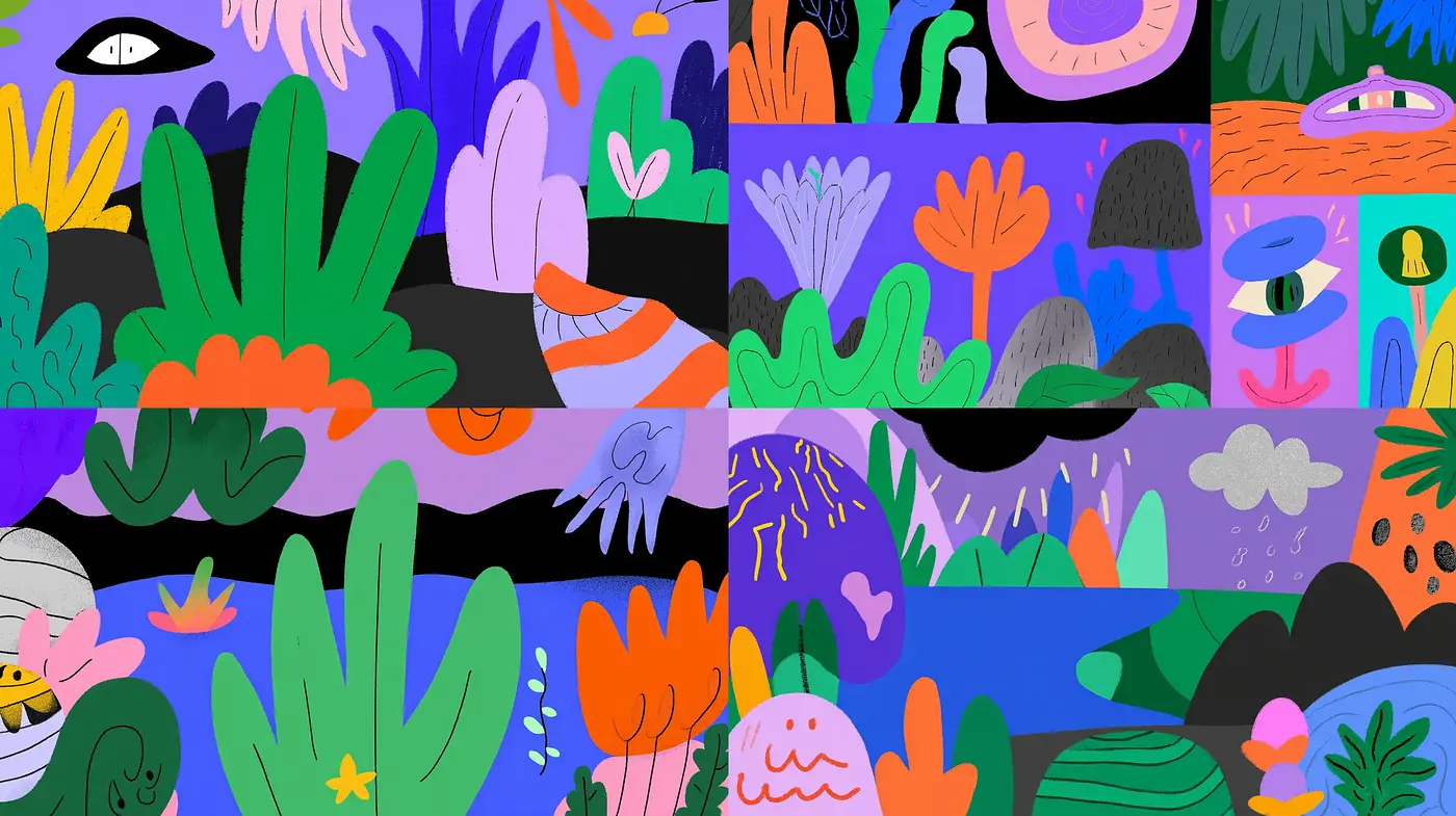 Colorful and Playful Illustrative Style with Surreal Elements - Midjourney sref style
