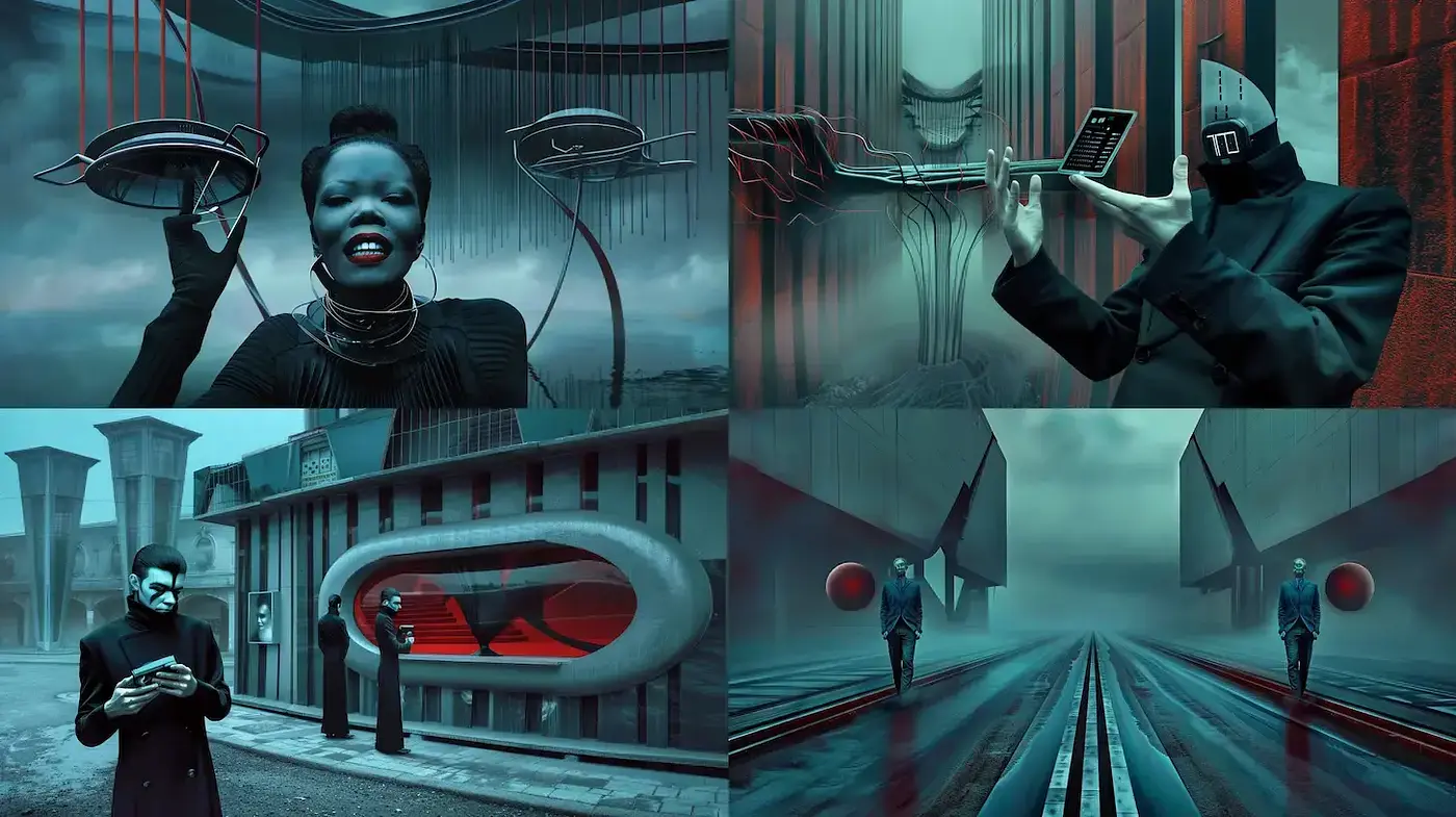 Futuristic Noir Composition with Surrealist Influences - Midjourney sref style
