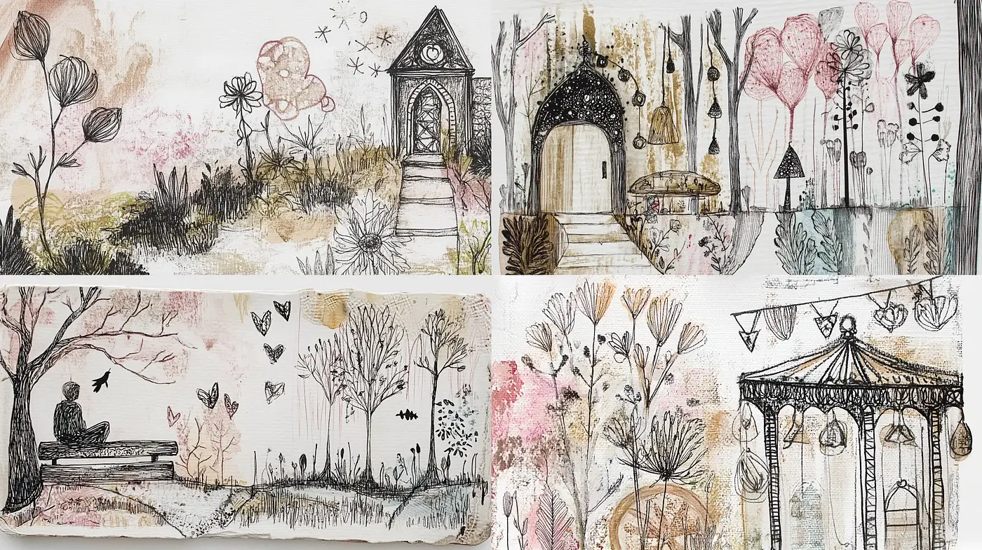 Whimsical Ink and Watercolor Dreamscapes - Midjourney sref style