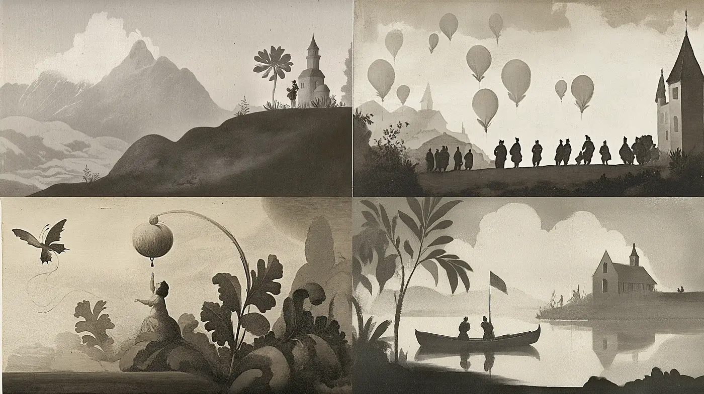Monochromatic Sepia Dreamscape with Silhouetted Vignettes - Midjourney sref style