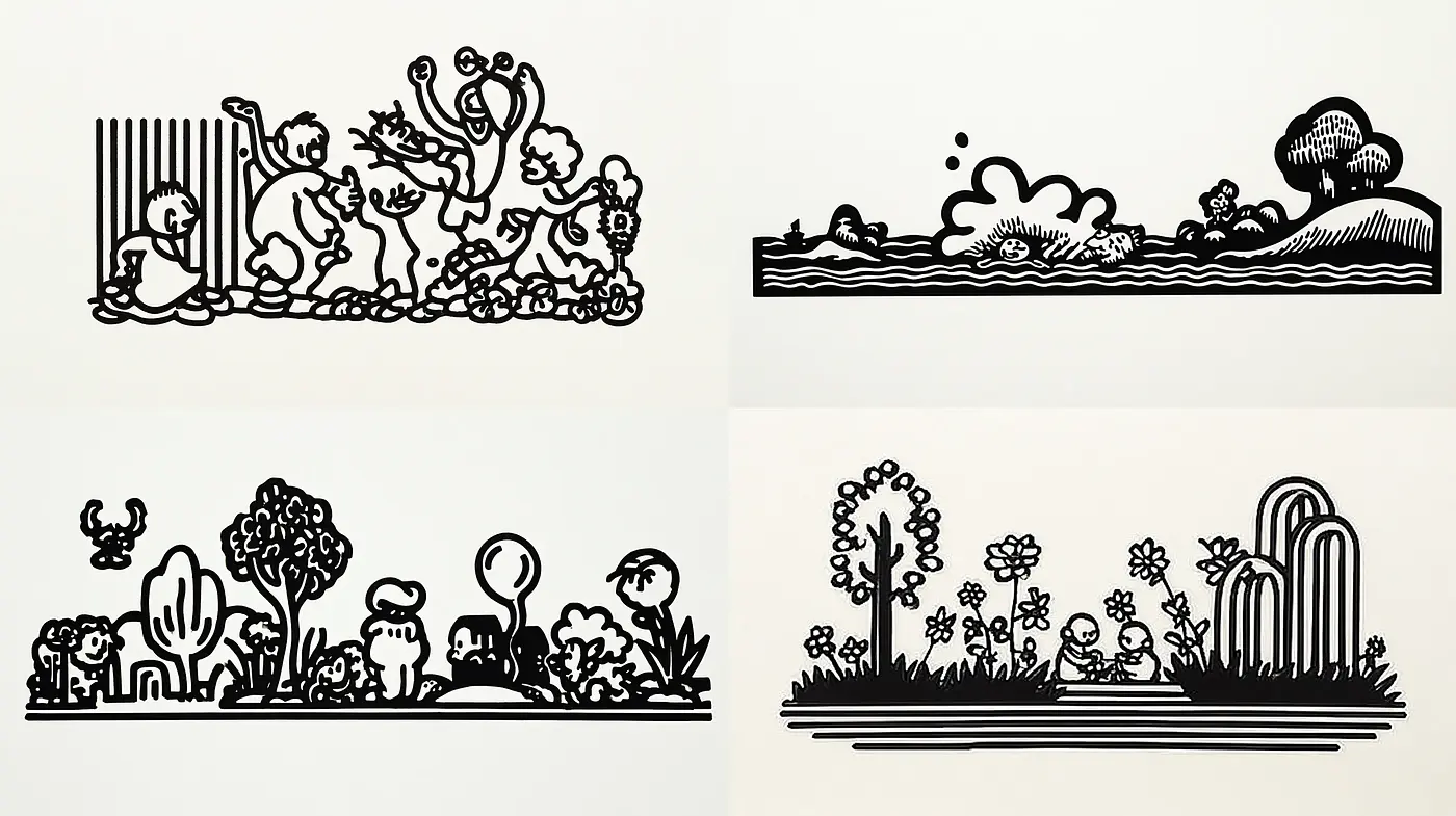 Whimsical and Playful Illustrative Style with Bold Linear Designs - Midjourney sref style