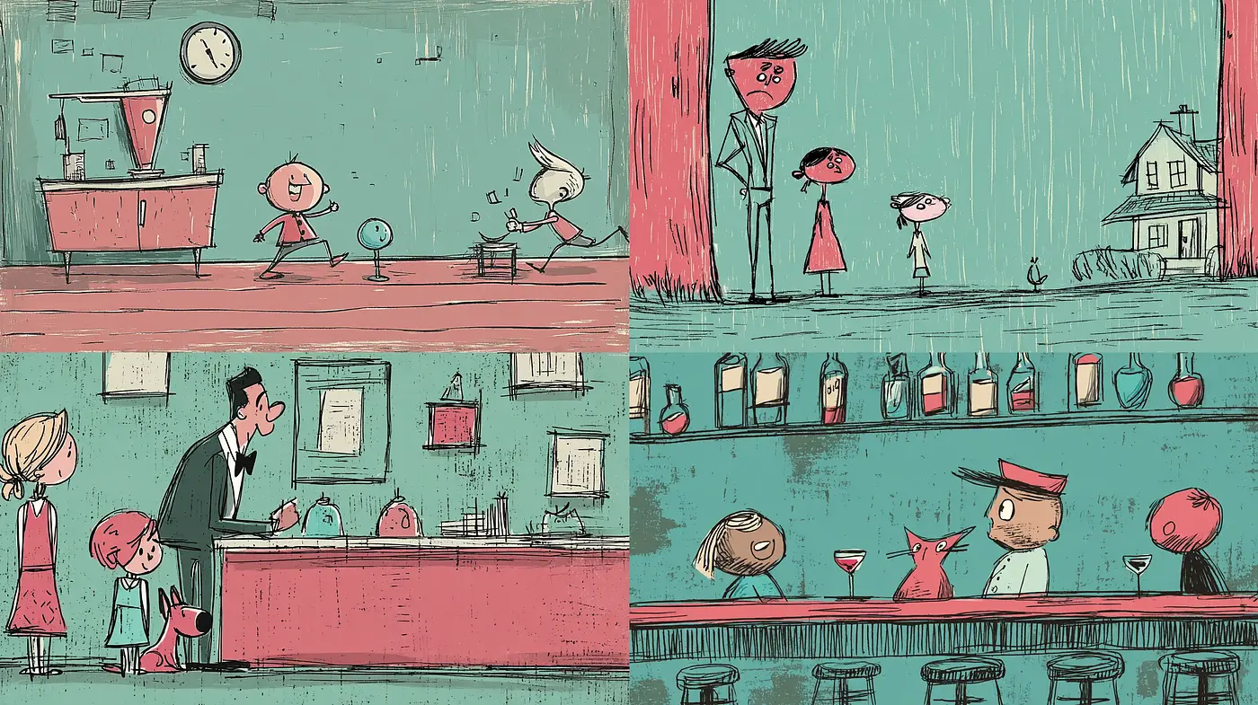 Whimsical Retro Illustration Style with a Playful Narrative - Midjourney sref style