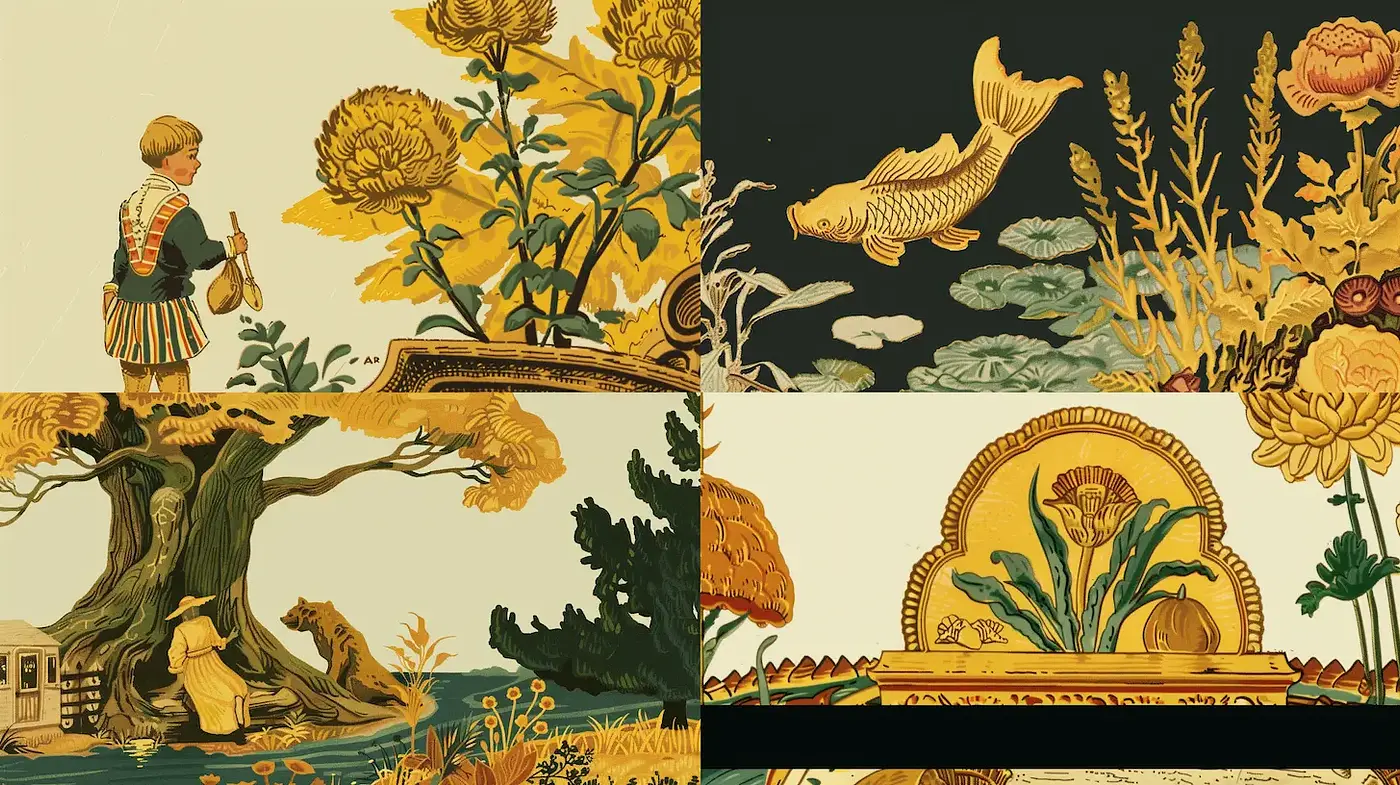 Whimsical Vintage Illustration with Nature and Playful Elements - Midjourney sref style