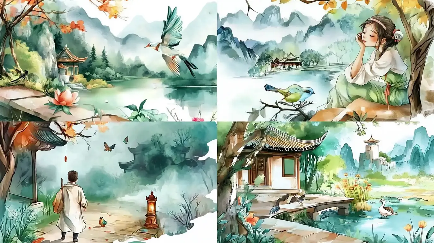 Tranquil Nature's Embrace in Watercolor Hues - Midjourney sref style