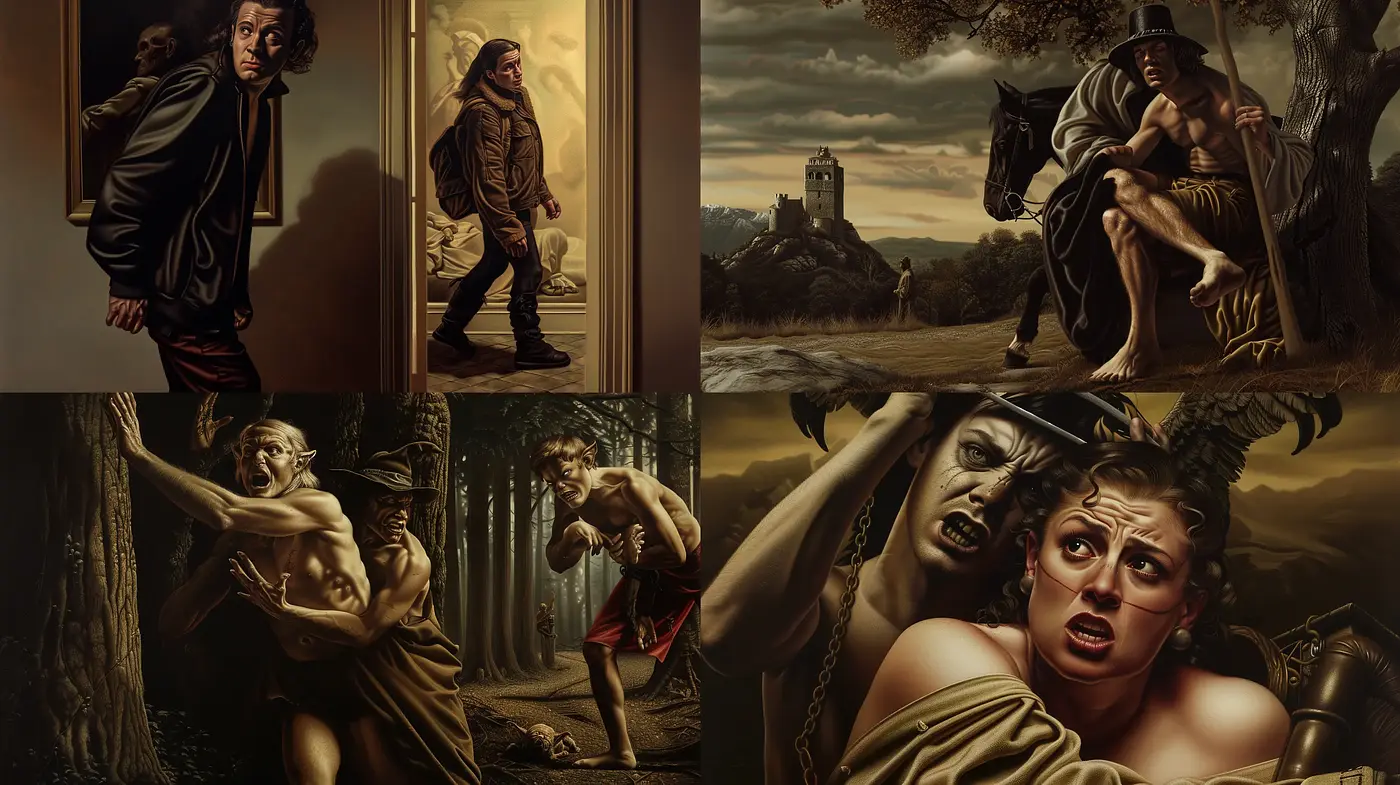 Chiaroscuro Embrace: The Recurrent Drama of Light and Shadow - Midjourney sref style