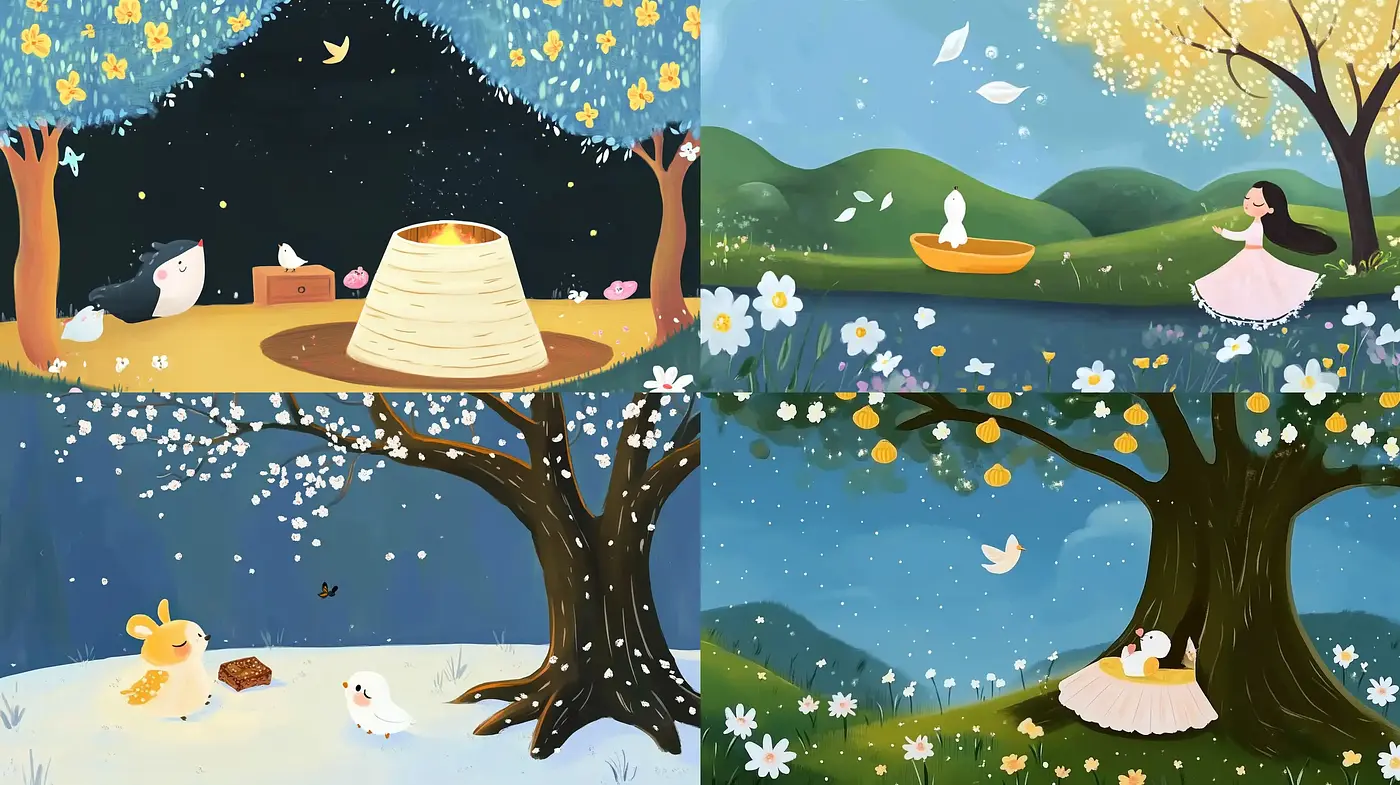 Serene Pastoral Tableaus with a Whimsical Storybook Essence - Midjourney sref style