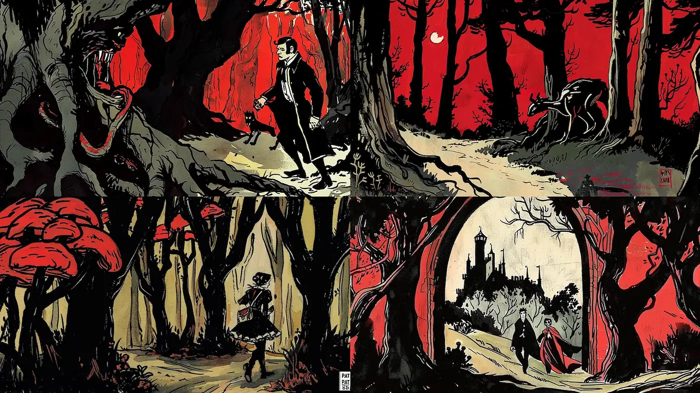 Eerie, Contrast-Heavy Illustrations with a Dark Fairy Tale Influence - Midjourney sref style