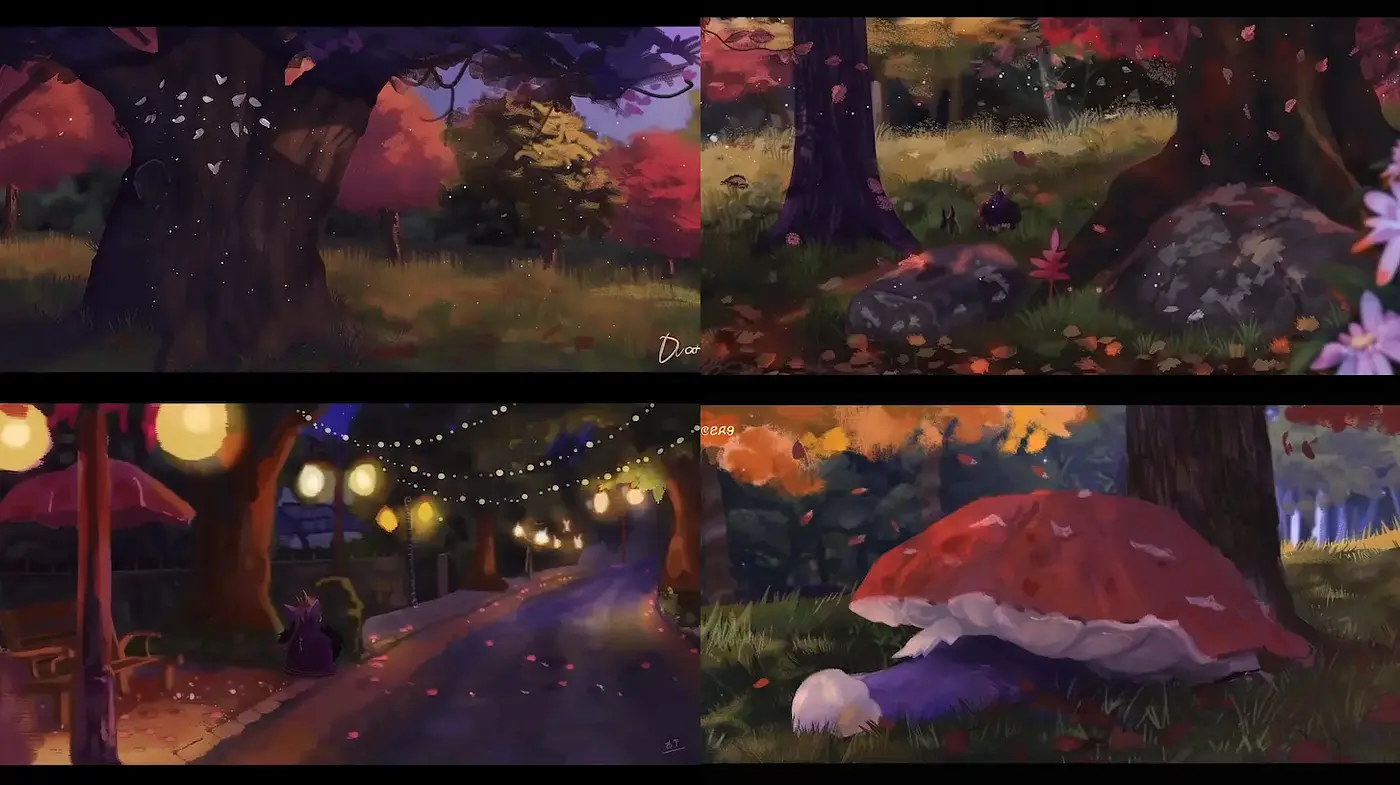 Whimsical Autumn Scenes with Enchanting Atmospheres - Midjourney sref style