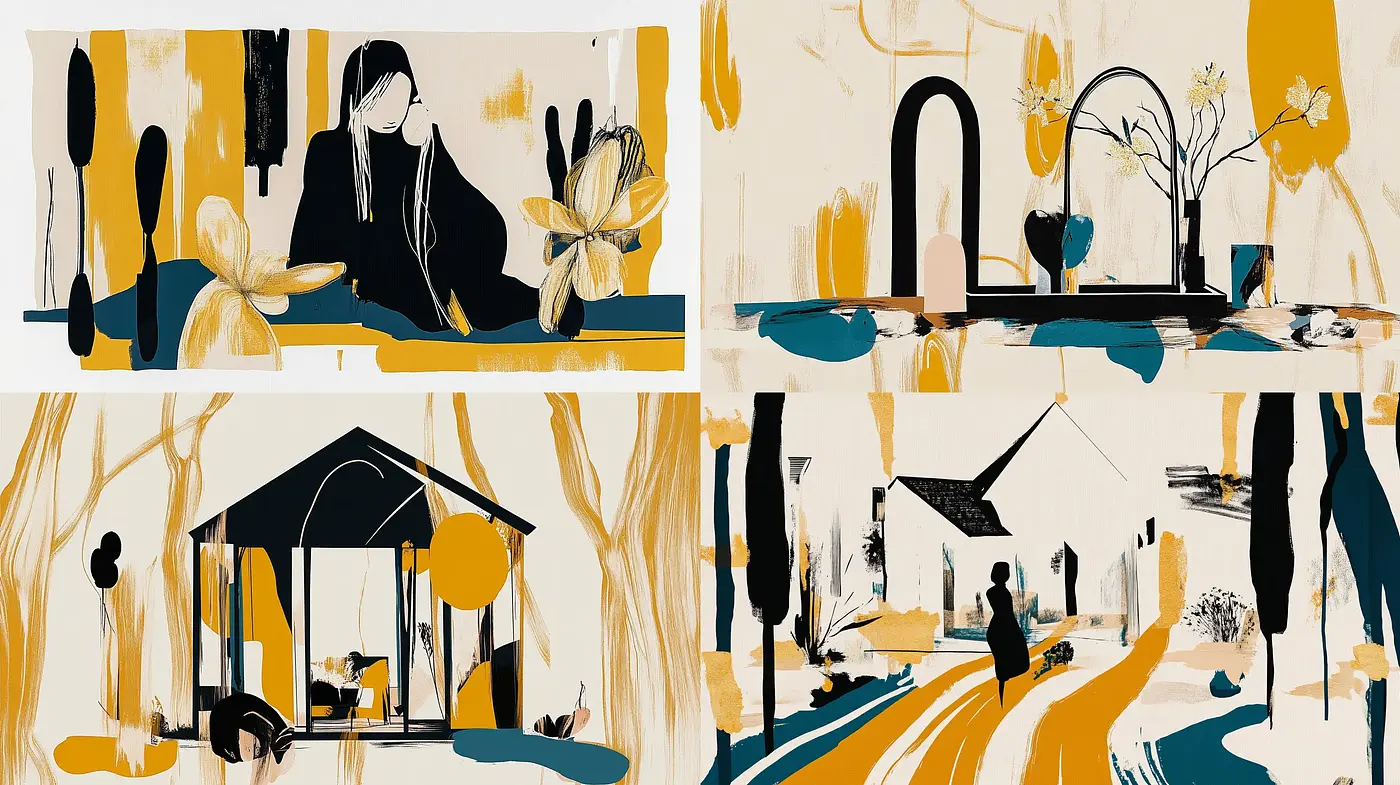 Abstract Expressionist Scenes with Mustard and Indigo Accents - Midjourney sref style