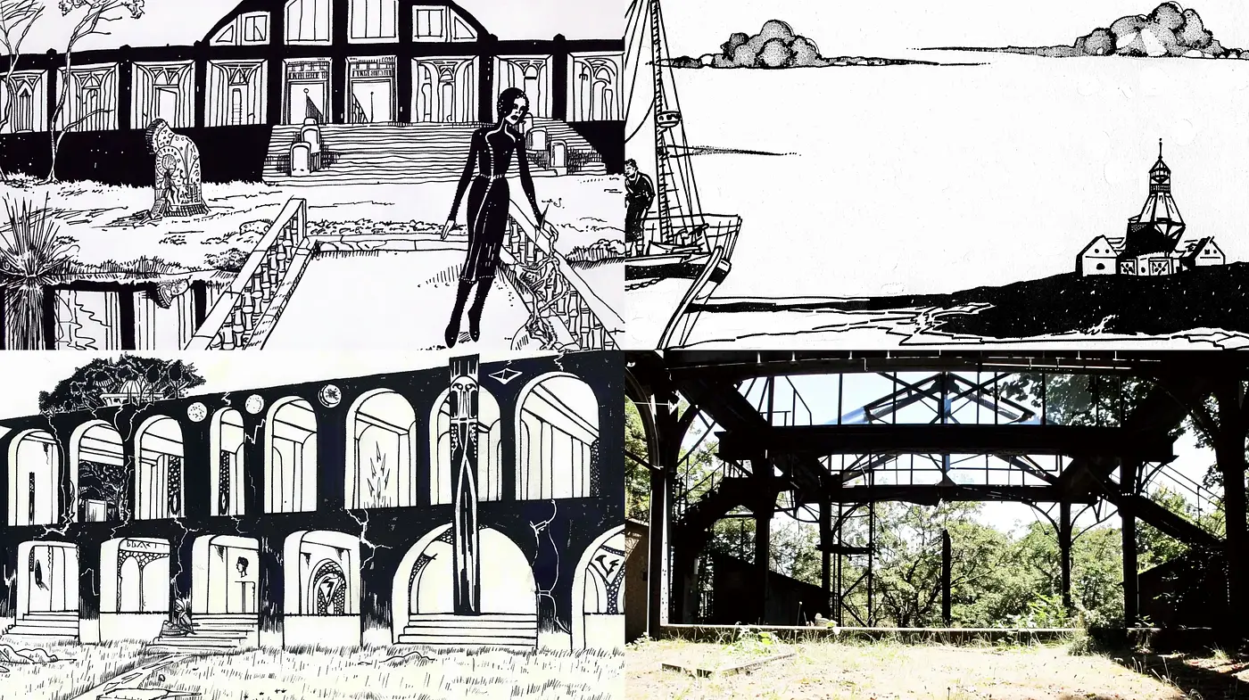 Monochromatic Ink-Sketch Architectural Dreamscapes - Midjourney sref style