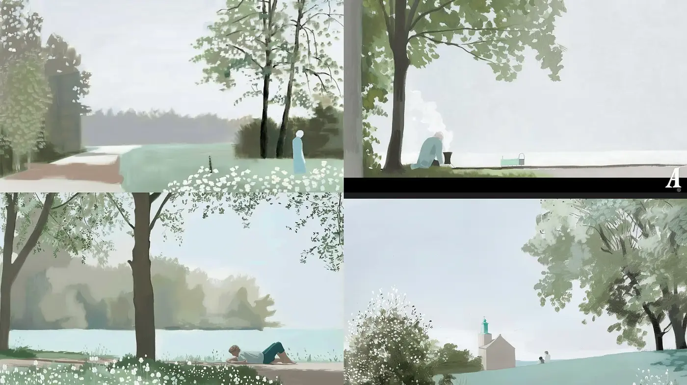 Serene Pastoral Harmony in Contemporary Digital Brushwork - Midjourney sref style