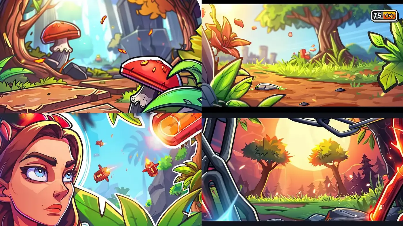 Vibrant and Whimsical Digital Landscapes with Playful Characterization - Midjourney sref style