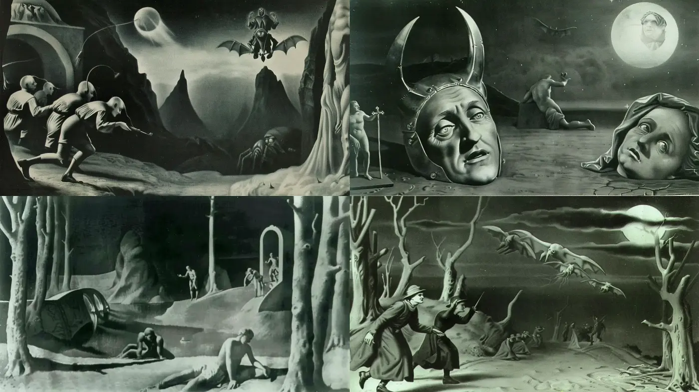 Surreal Shadows and Tones: A Homage to Gothic Narratives and Dali-esque Dreamscapes - Midjourney sref style