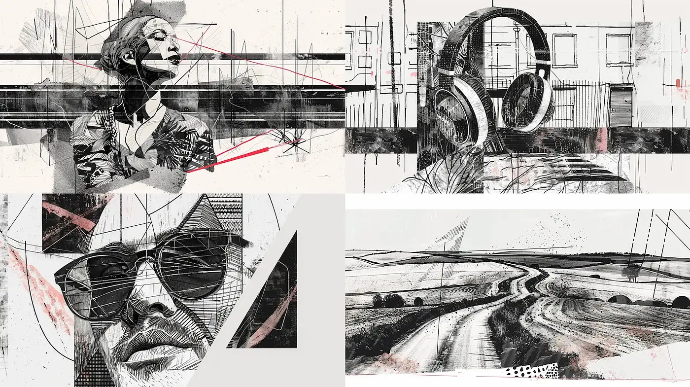Expressive Urban Silhouettes with Monochromatic Textures - Midjourney sref style