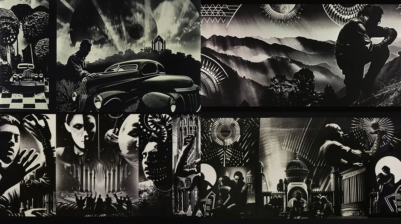 Monochromatic Art Deco Revival in Surreal Collage Composition - Midjourney sref style