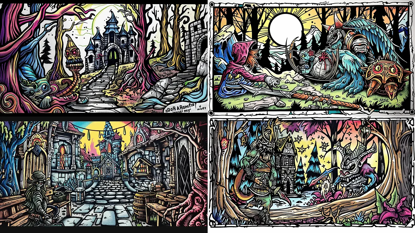 Enchanted Inkwork Tales: A Crosshatched Fantasy in Vivid Hues - Midjourney sref style