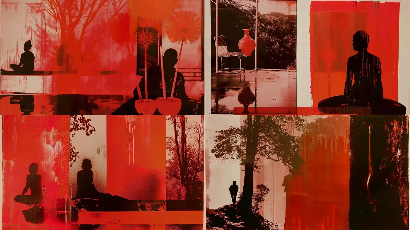 Harmonized Contrast of Silhouettes and Vivid Textures in Monochromatic Red - Midjourney sref style