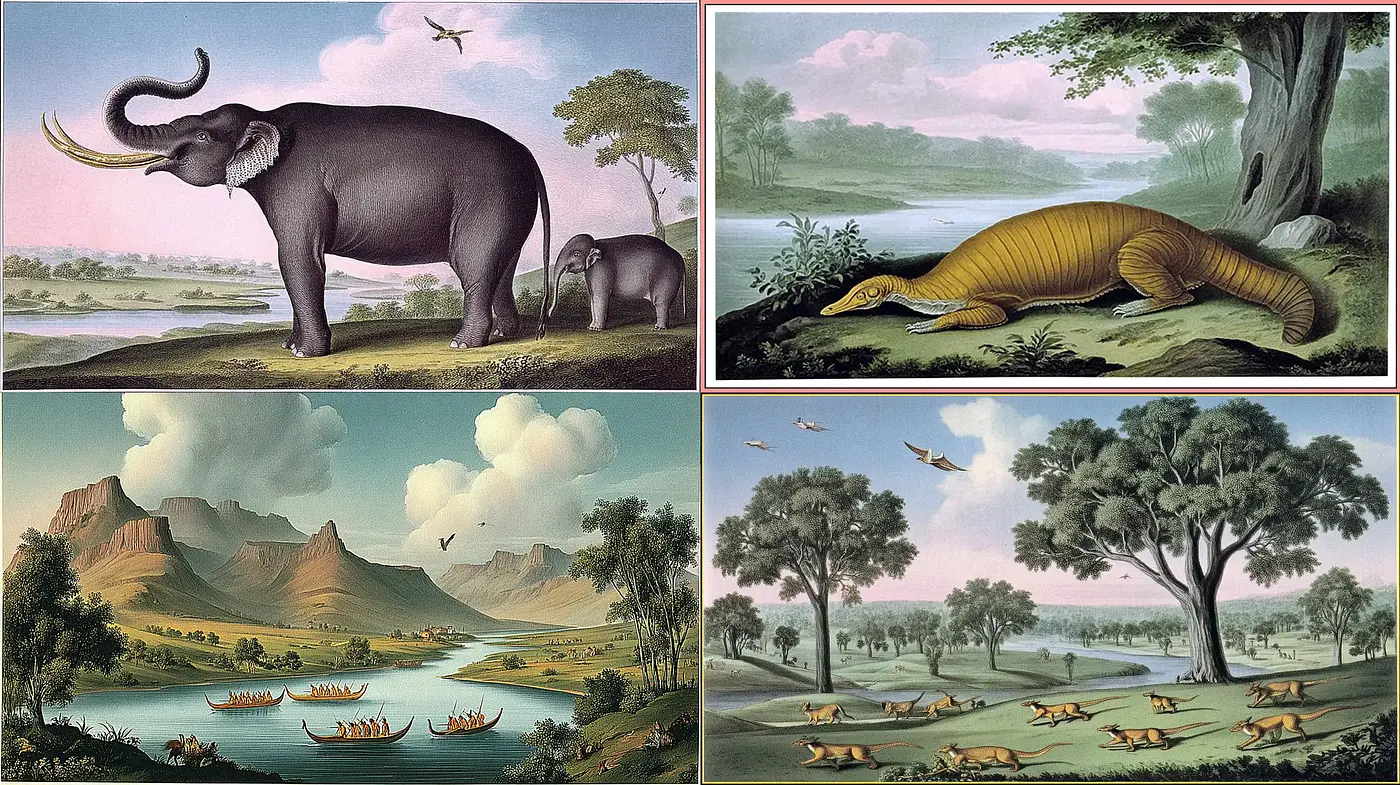 Surreal landscapes with fantastical creatures and serene natural elements - Midjourney sref style