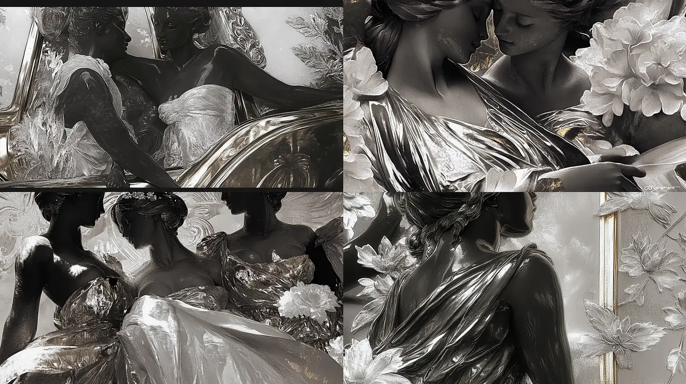 Monochromatic Elegance: A Fusion of Fluidity and Floral Motifs - Midjourney sref style