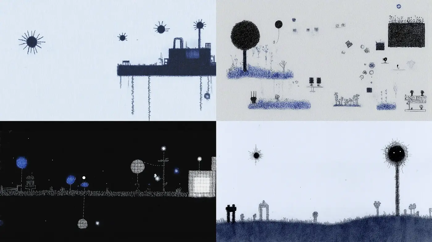 Ethereal Blueprint Dreamscape: A Consistent Duality of Technicolor and Monochrome - Midjourney sref style