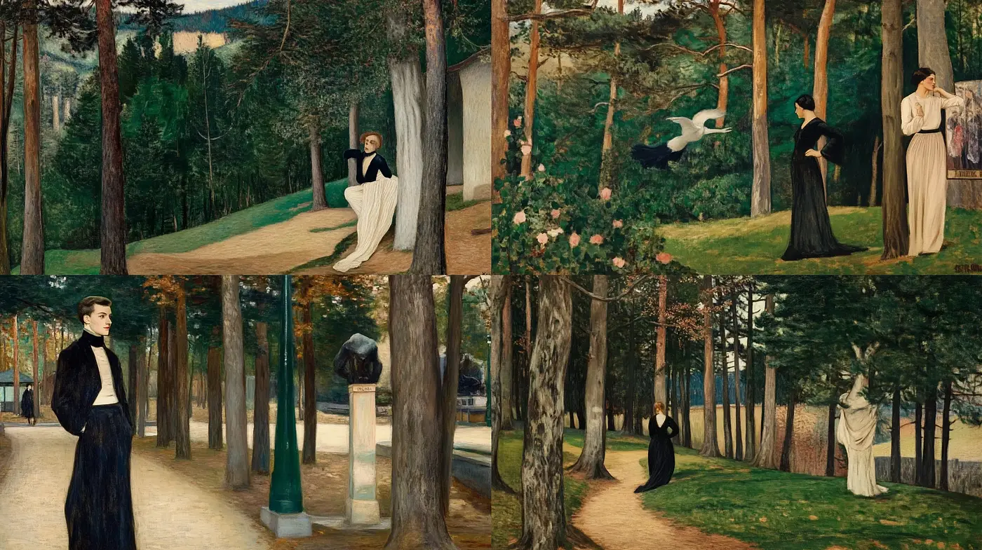 Serene Tableaux of Contemplative Figures in Nature - Midjourney sref style