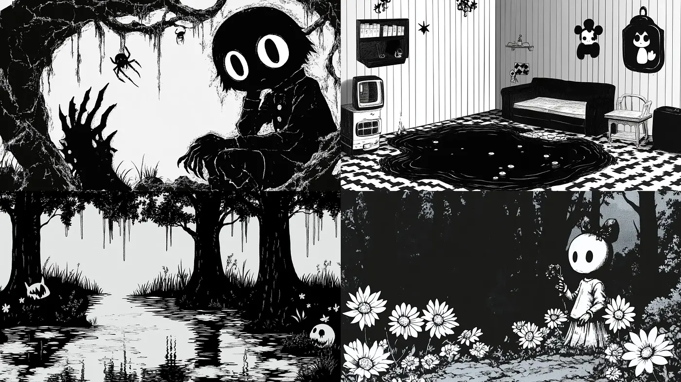 Monochrome Whimsy: Stylized Contrasts in a Surreal World - Midjourney sref style