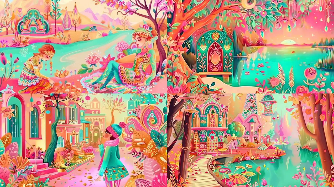 Enchanting Storybook Reverie: A Fusion of Vivid Colors and Whimsical Visions - Midjourney sref style