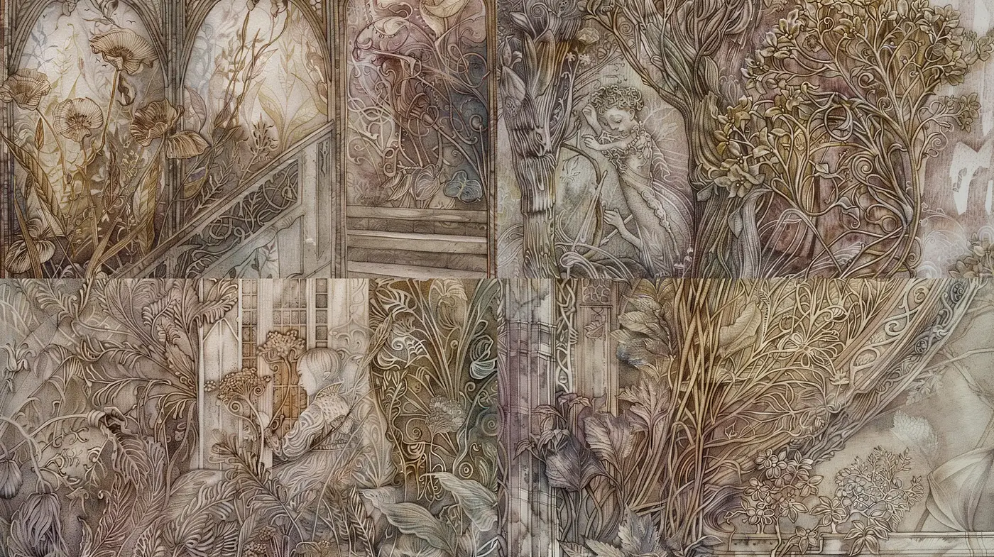 Whimsical Nouveau Elegance in Sepia Tones - Midjourney sref style