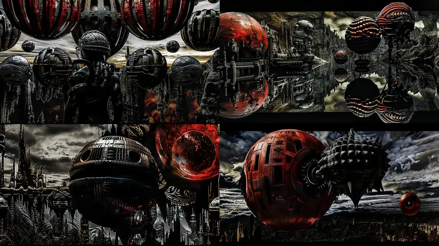 Futuristic Dark Surrealism with Organic Shapes and Industrial Textures - Midjourney sref style