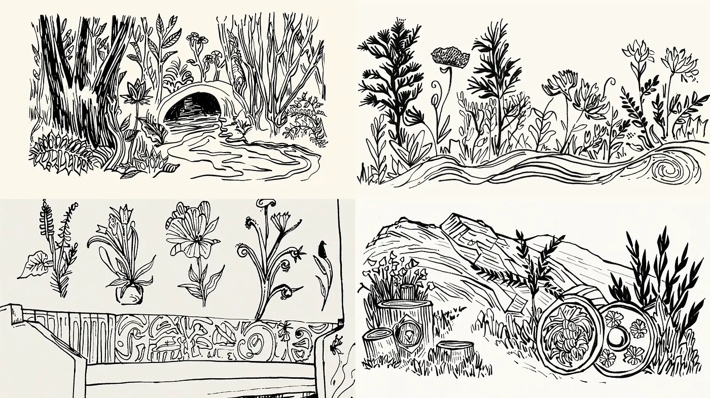 Monochromatic Ink Illustrations with Natural and Rustic Imagery - Midjourney sref style