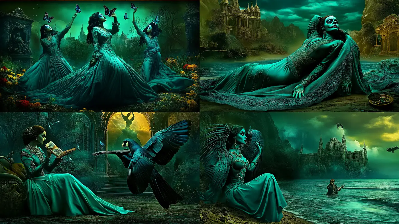 Gothic Elegance in Emerald Hues: A Fusion of Dark Fantasy and Romanticism - Midjourney sref style