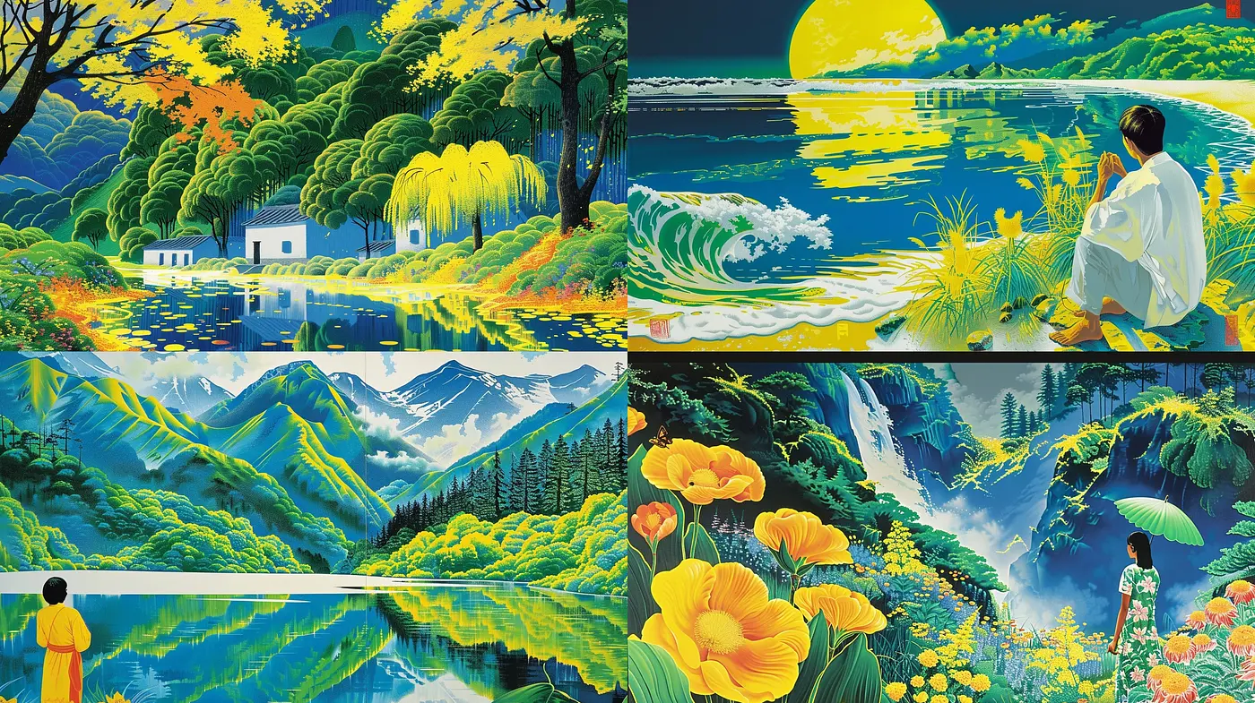 Luminous Serenity in Nature: A Harmonious Blend of Vibrant Tones and Peaceful Scenery - Midjourney sref style