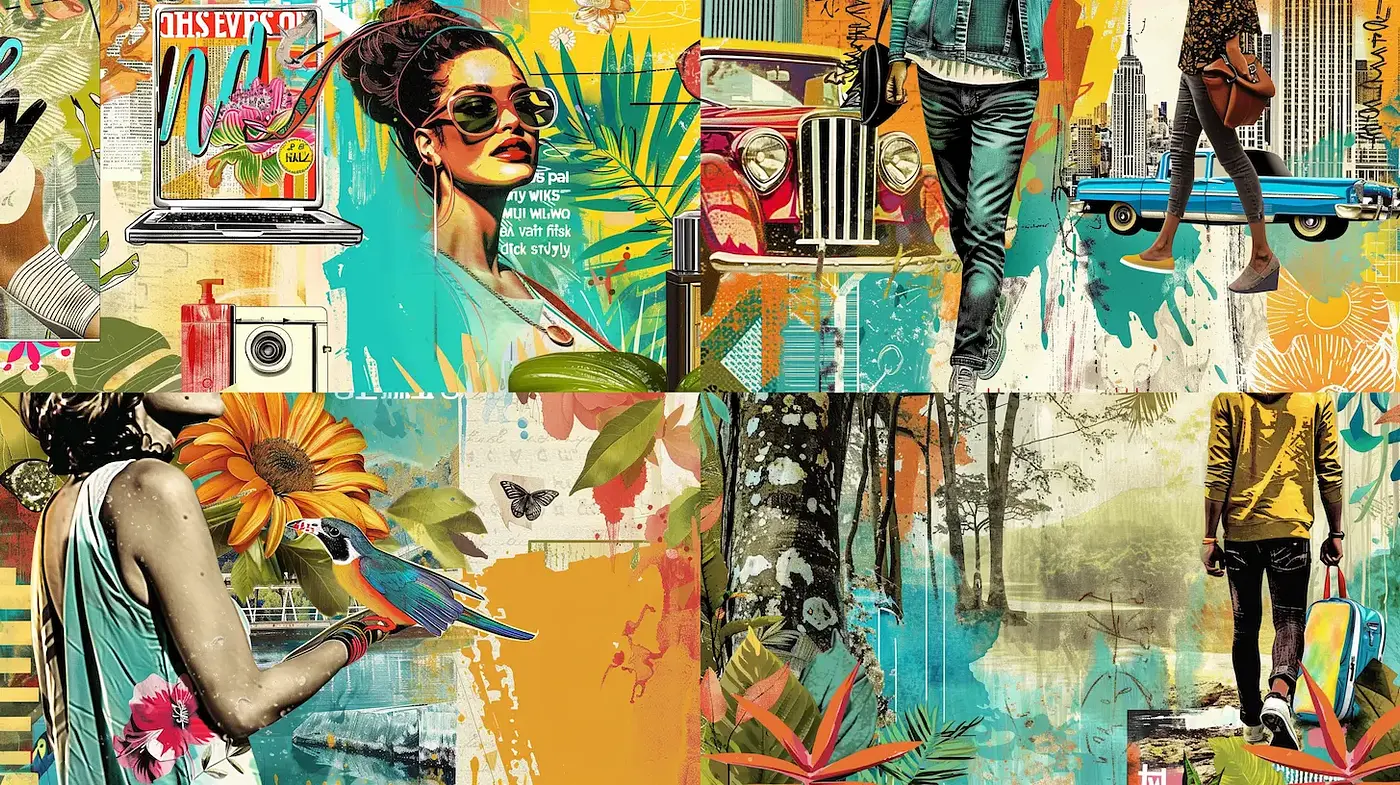 Vibrant Summer Collage with Tropical Elements and Modern Pop Art Influence - Midjourney sref style