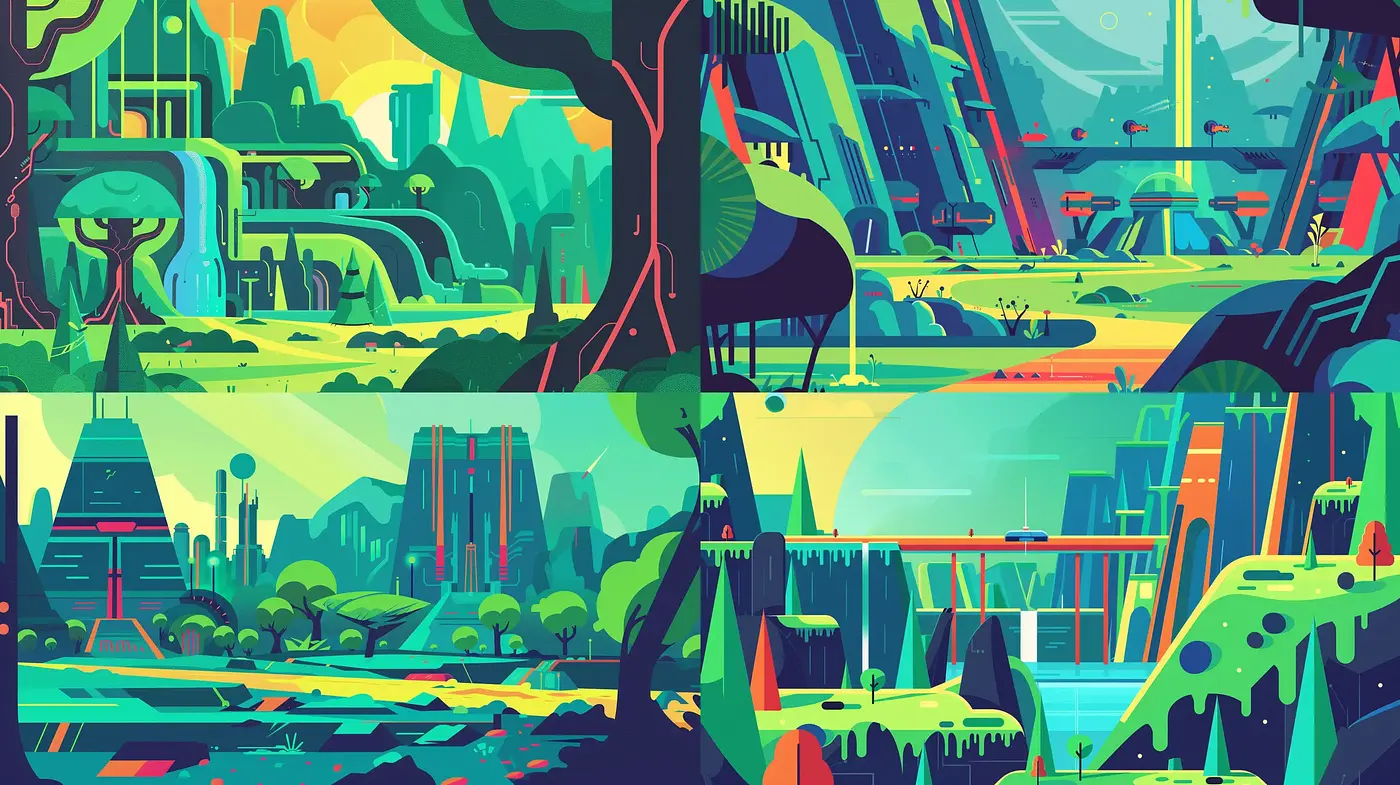 Futuristic Retro Fusion of Lush Landscapes - Midjourney sref style