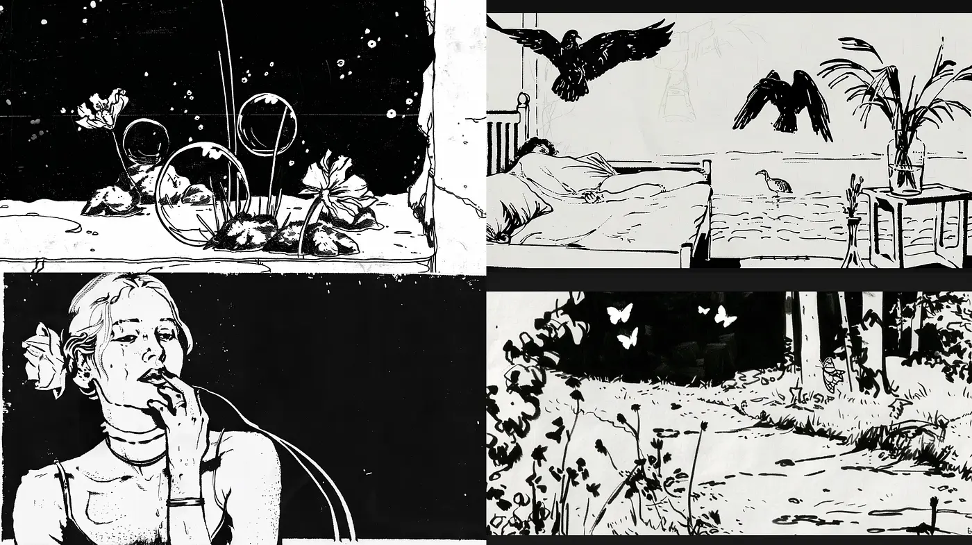 Stark Monochromatic Visions: A Journey in High-Contrast Ink Artistry - Midjourney sref style