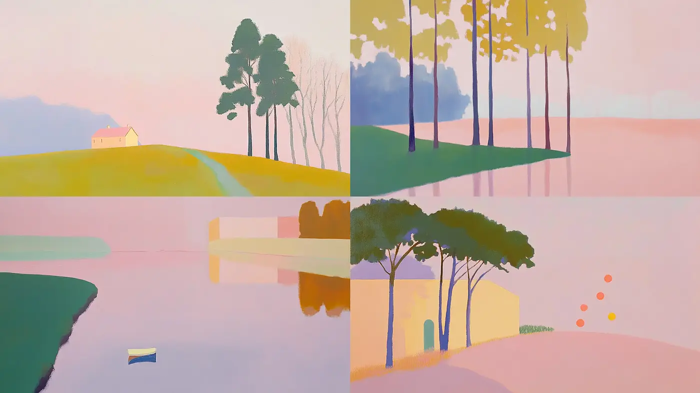 Serene Pastel Landscapes: A Harmonious Blend of Simplistic Forms and Soft Tones - Midjourney sref style