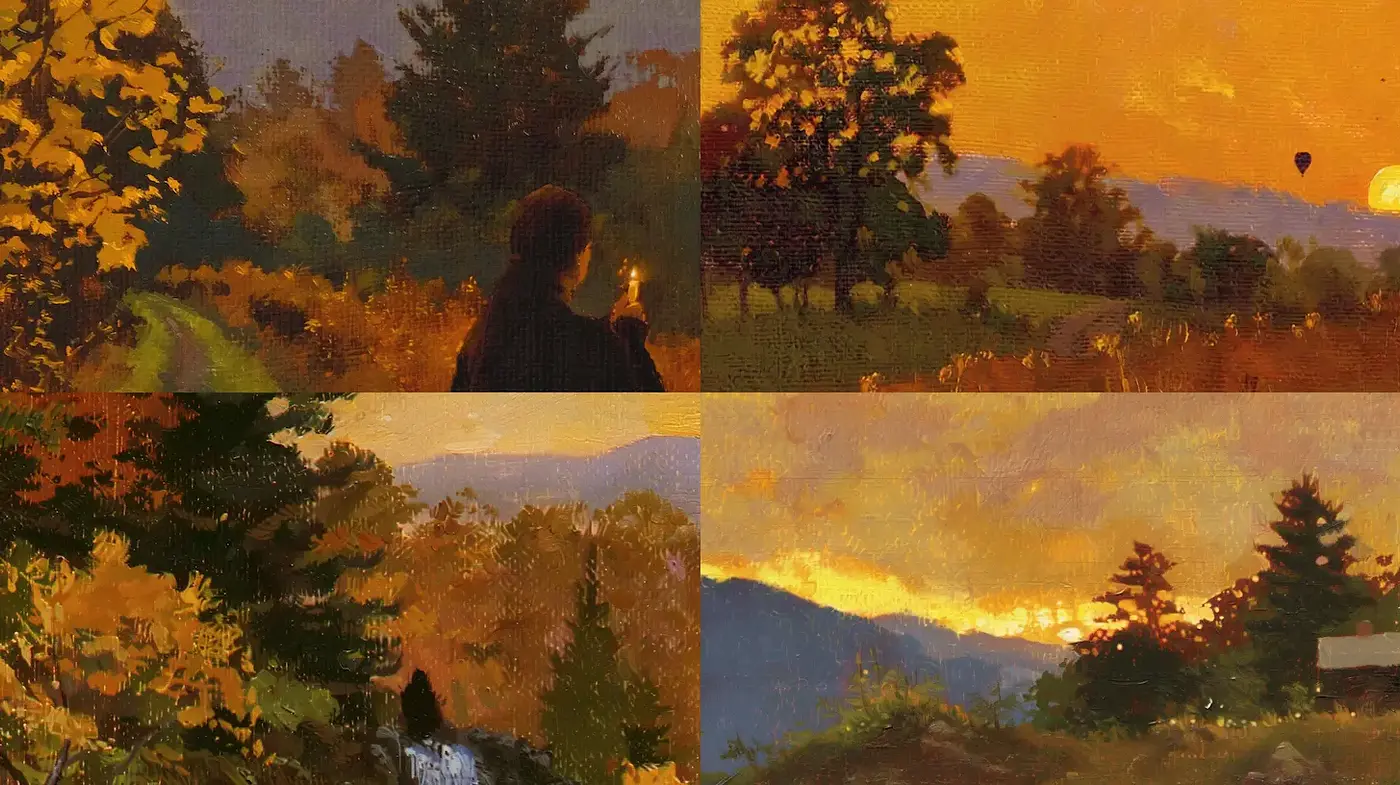 Autumnal Landscapes with Warm Tones and Soft Textures - Midjourney sref style