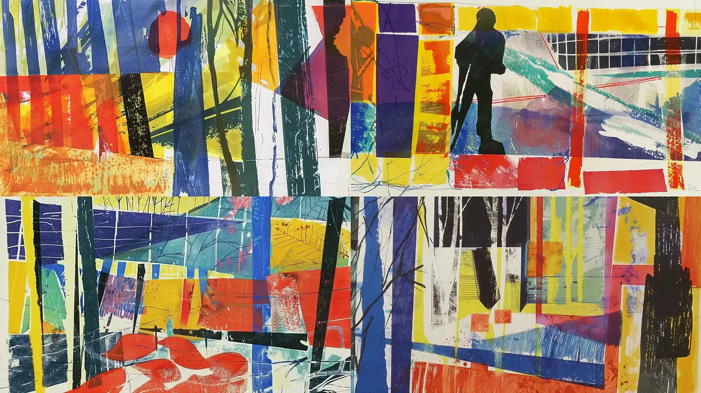 Collage of Abstract Expressionist Fervor and Colorful Geometric Cubism - Midjourney sref style