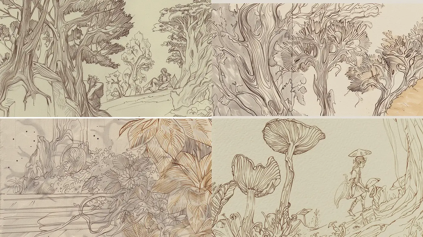 Subtle Earth-Toned Fantasia: A Serene Harmony of Nature-Inspired Sketches - Midjourney sref style