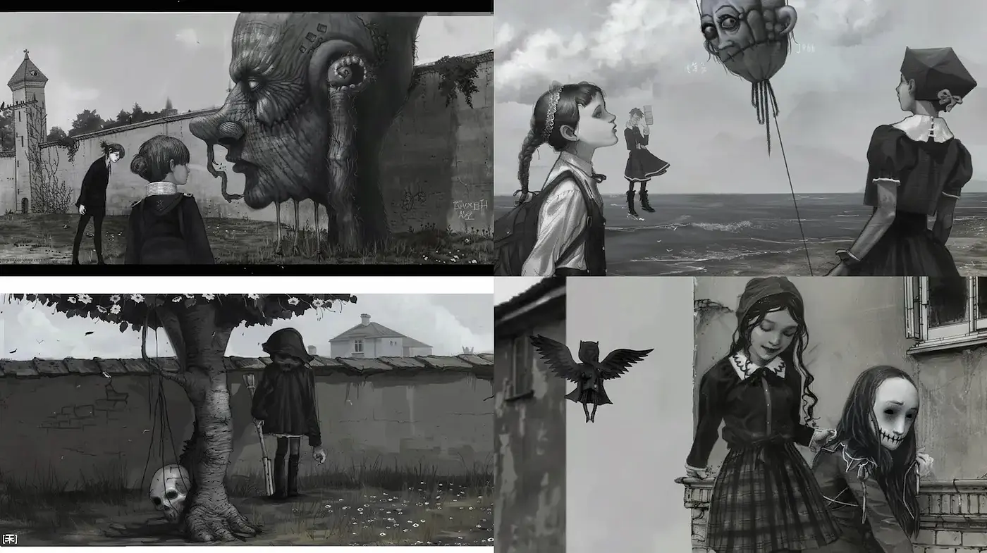 Eerie and Surreal Greyscale Artwork with Gothic Elements - Midjourney sref style
