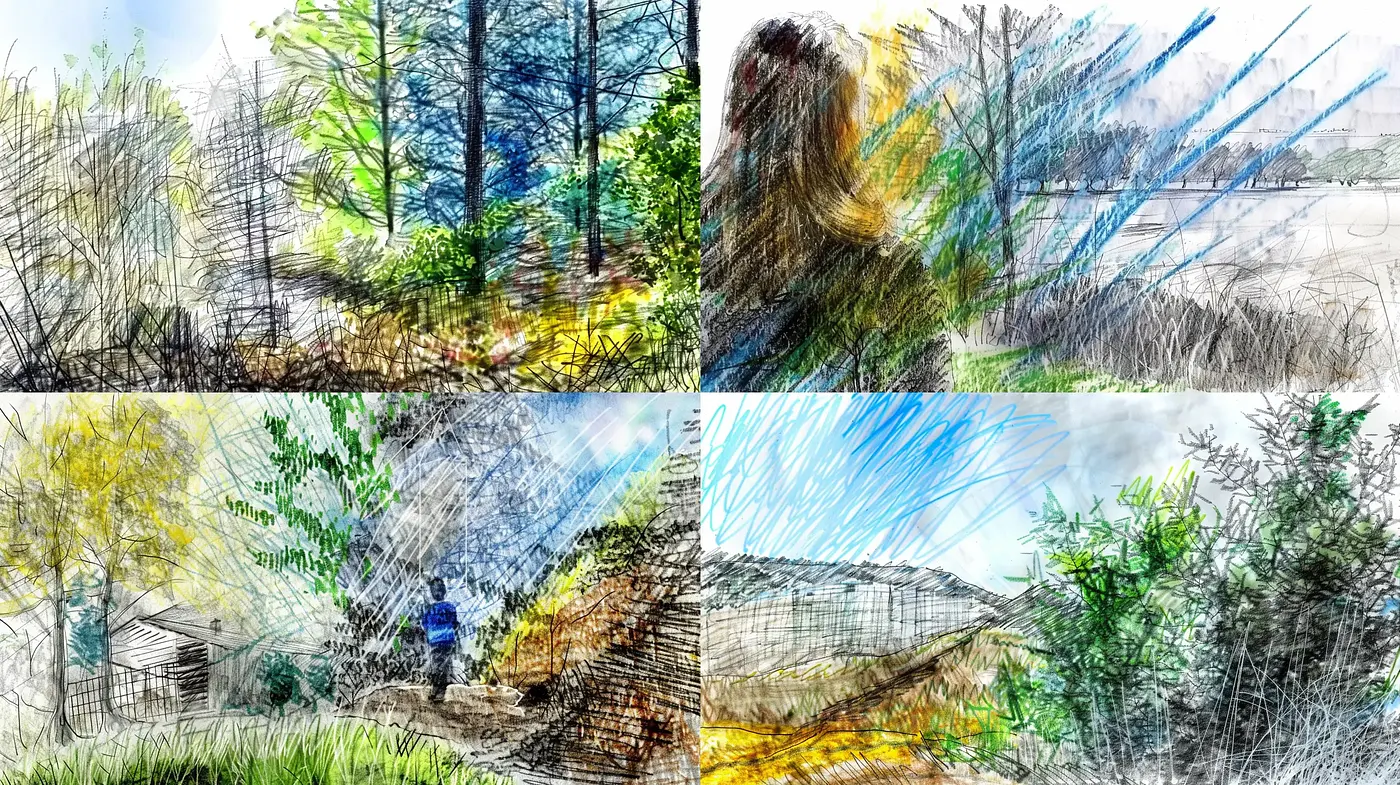 Sketch-like Textural Panorama with Vibrant Strokes and Nature Motifs - Midjourney sref style