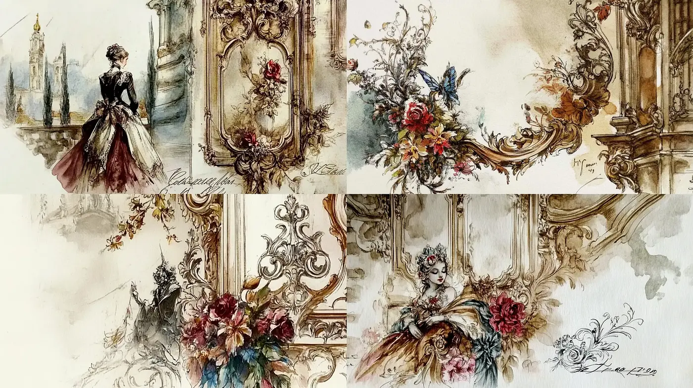 Ornate Baroque Reverie: A Fusion of Classical Elegance and Botanical Motifs - Midjourney sref style