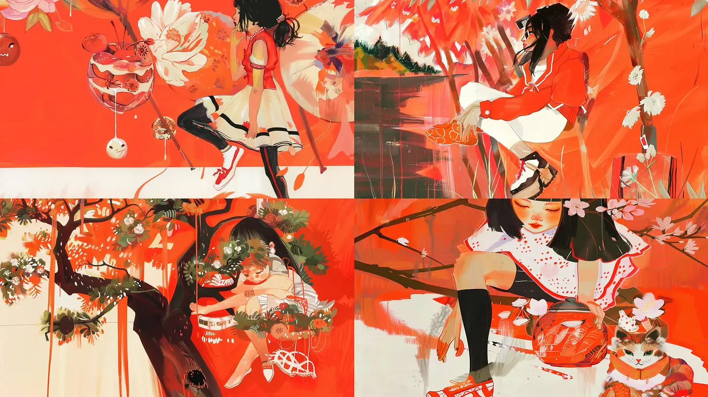Crimson Elegance with Expressive Brushwork and Oriental Elements - Midjourney sref style